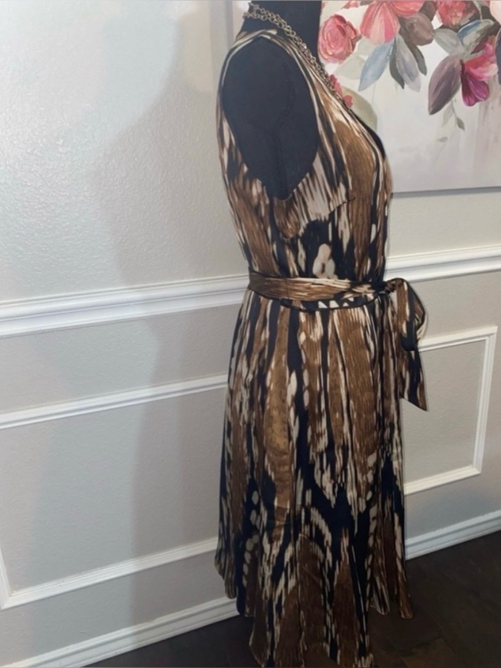 Adrianna Papell Brown/Black Abstract Ikat Print Fit & Flare Dress Size 14 EUC - Picture 3 of 8